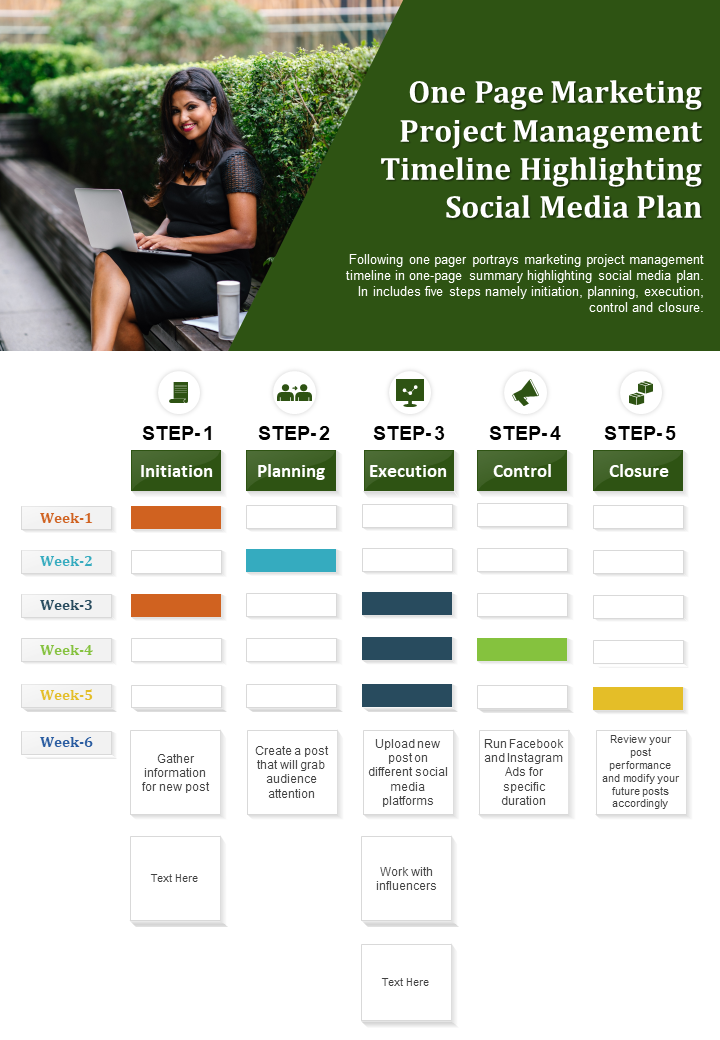 One Page Marketing Project Management Timeline Highlighting Social Media Plan
