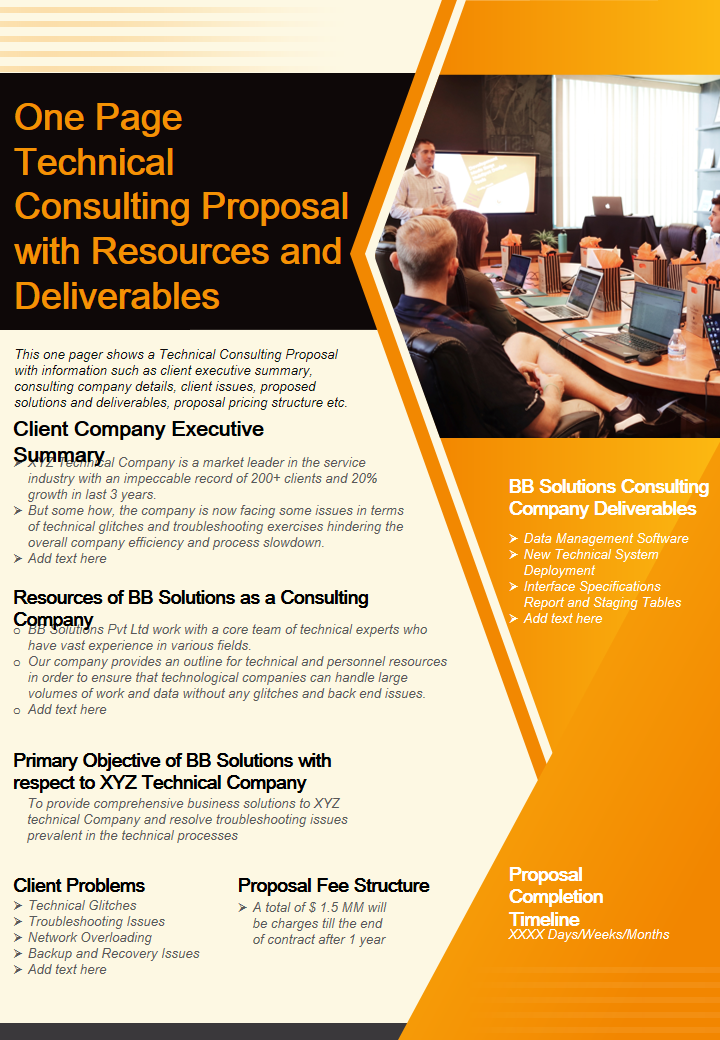 One Page Technical Consulting Proposal with Resources and Deliverables 