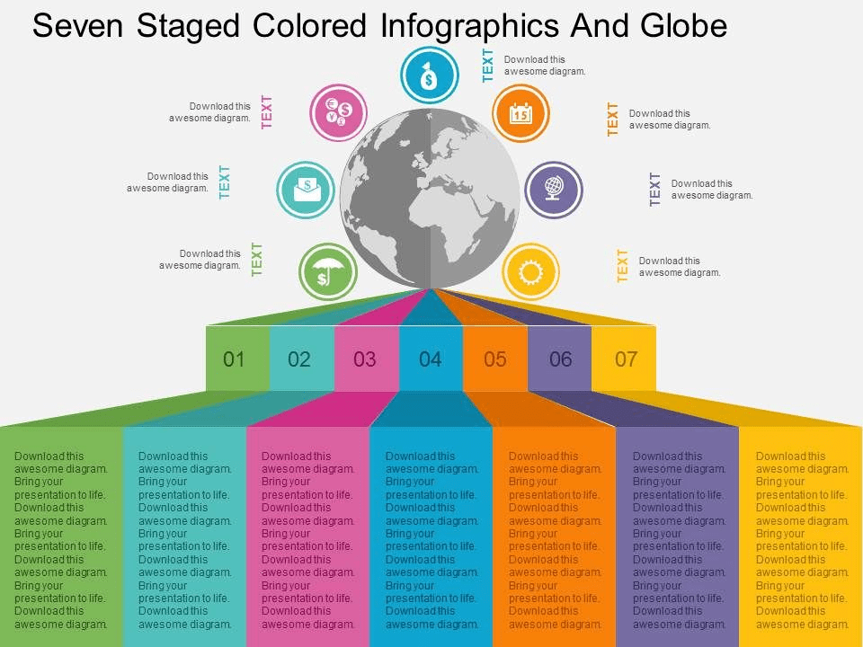Seven Staged Colored Infographics And Globe Flat Powerpoint Design