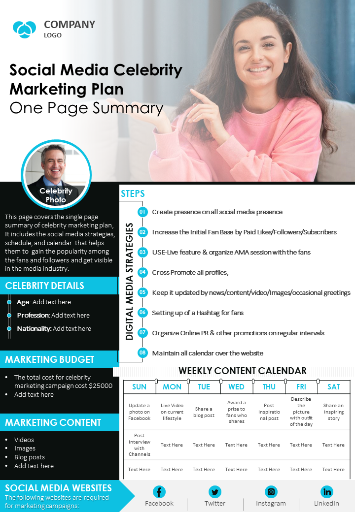 Social Media Celebrity Marketing Plan One Page