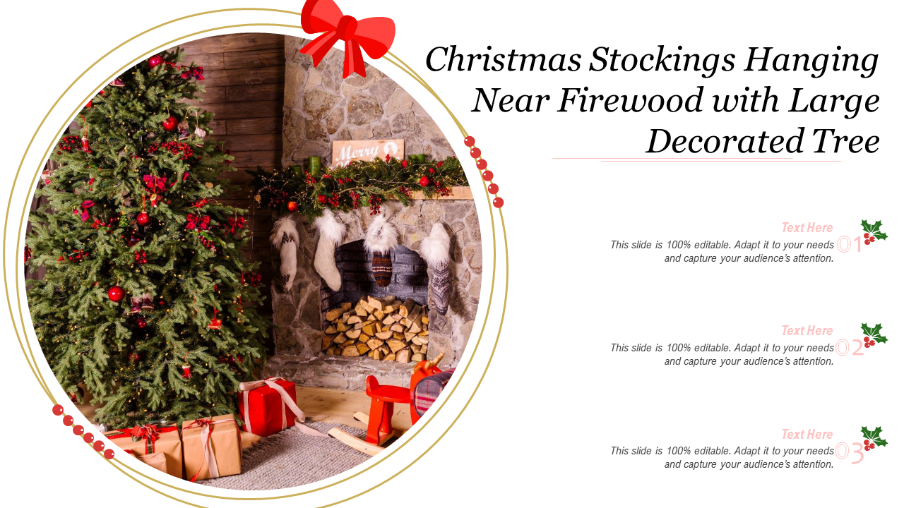 Christmas Stockings Hanging Near Firewood With Large Decorated Tree