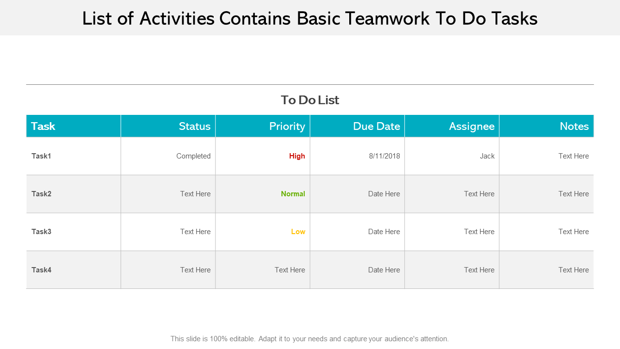 List Of Activities Contains Basic Teamwork To Do Tasks