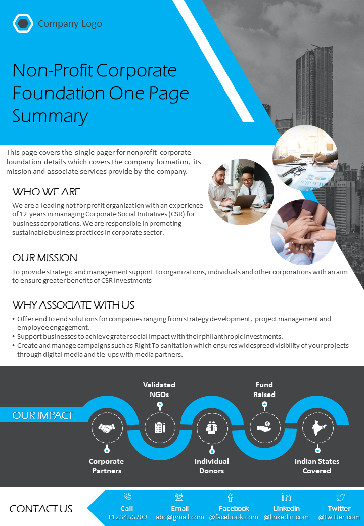 Non Profit Corporate Foundation One Page Summary