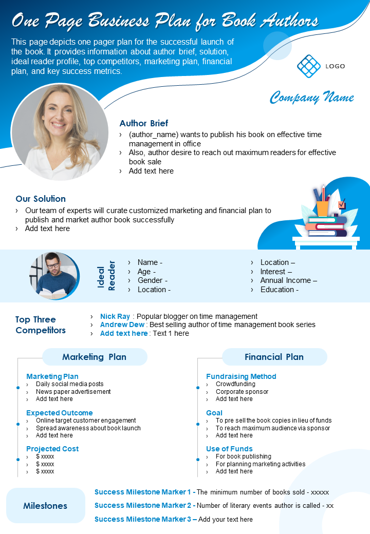 One Page Business Plan For Book Authors