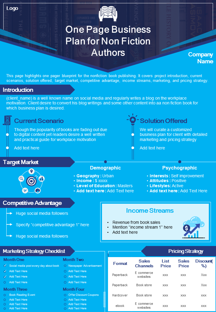 One Page Business Plan For Non Fiction Authors