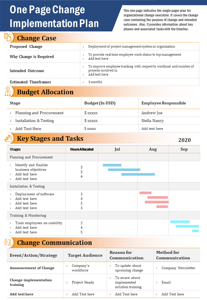 One Page Change Implementation Plan