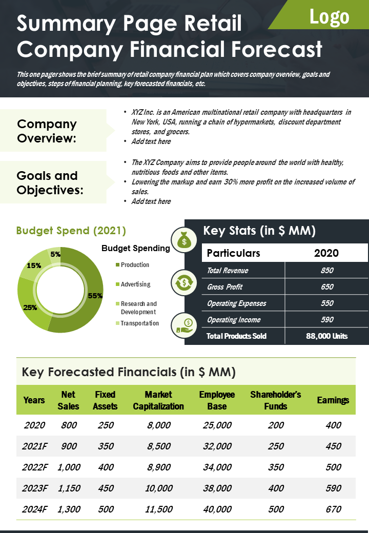 Summary Page Retail Company Financial Forecast
