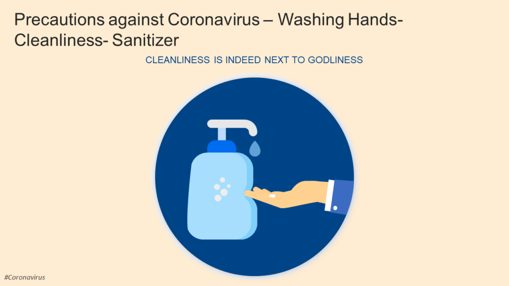 Diseño de presentación sobre Coronavirus con mensaje La limpieza es realmente próxima a la piedad