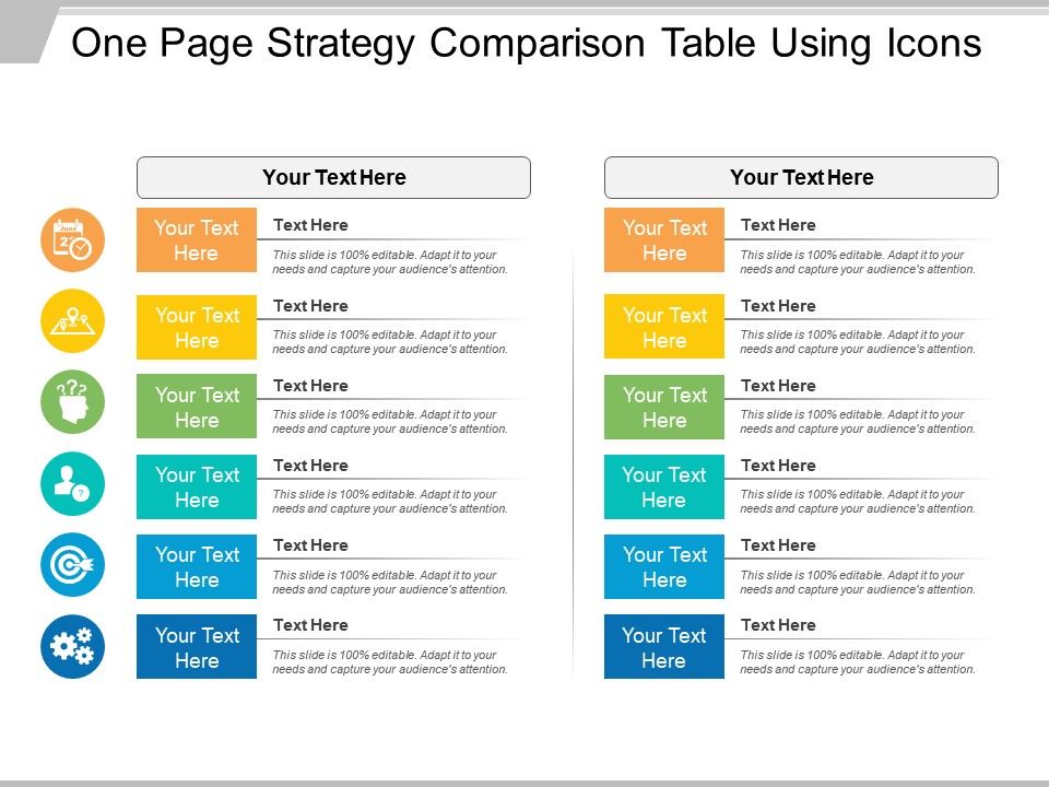 One Page Business Strategy Comparison Table Using Icons