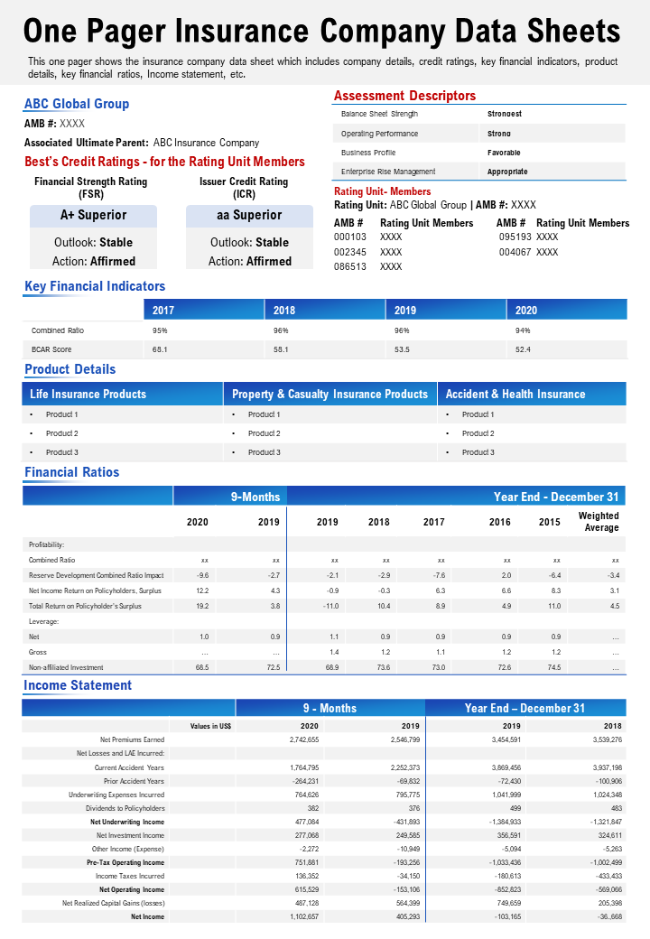 One Pager Insurance Company Data Sheets Presentation