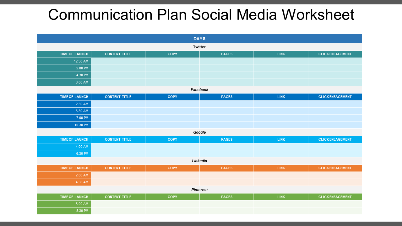 Communication Plan Social Media Worksheet PPT Slide