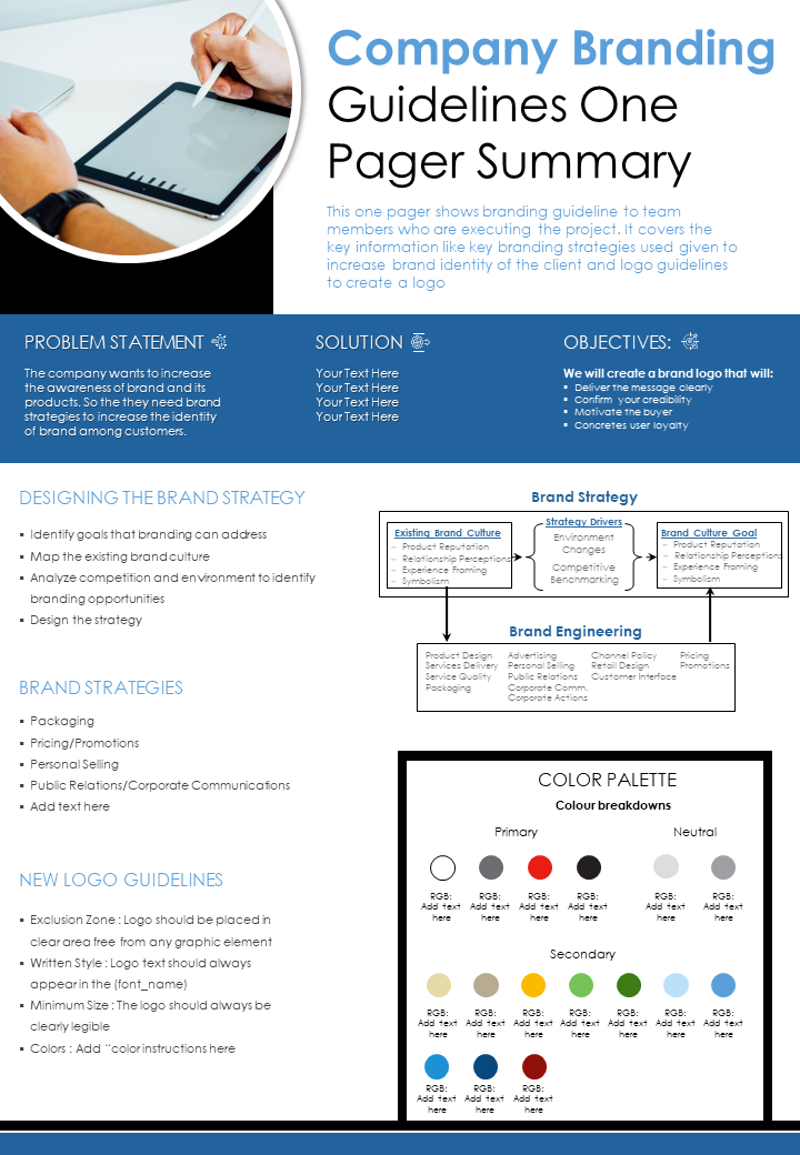 Company Branding Guidelines One Pager Summary Presentation