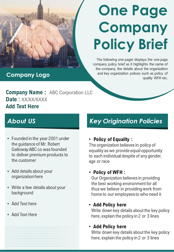 One Page Company Policy Brief Presentation Report