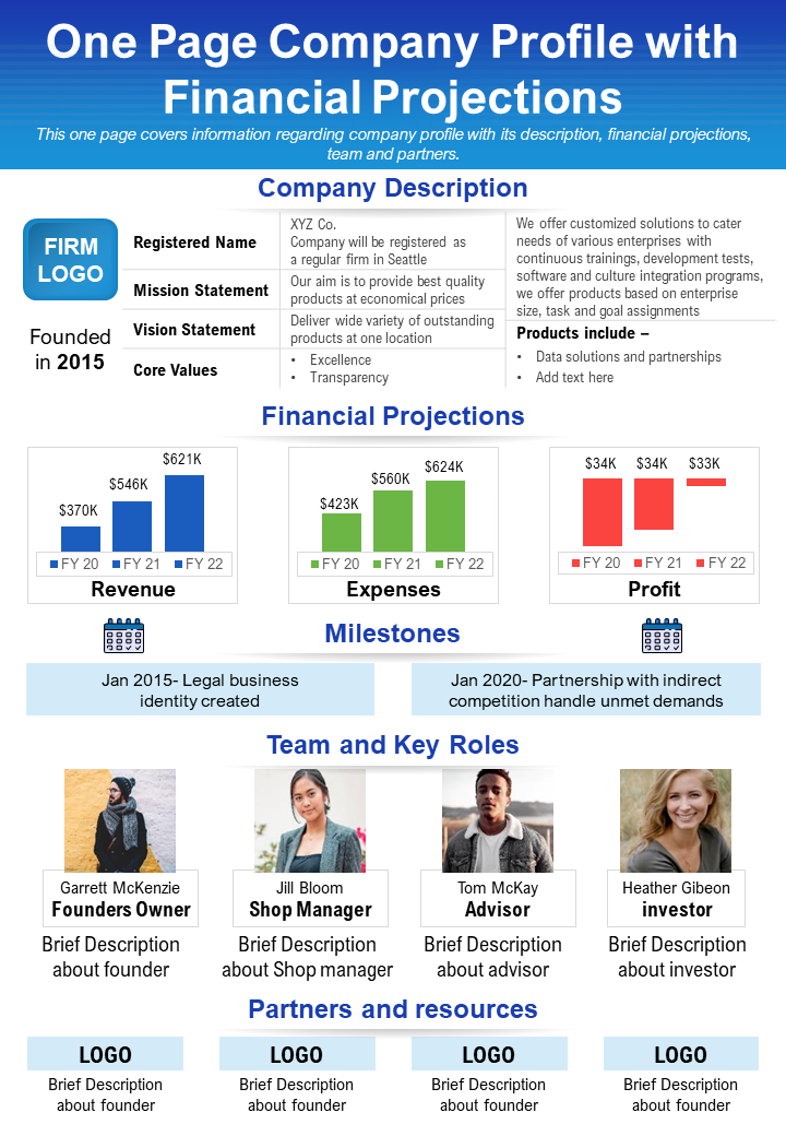 One Page Company Profile With Financial Projections Presentation Report