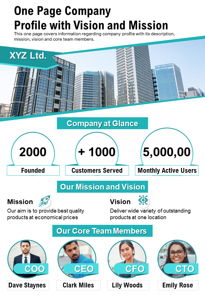 One Page Company Profile With Vision And Mission Presentation Report