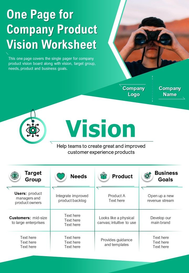 One Page For Company Product Vision Worksheet