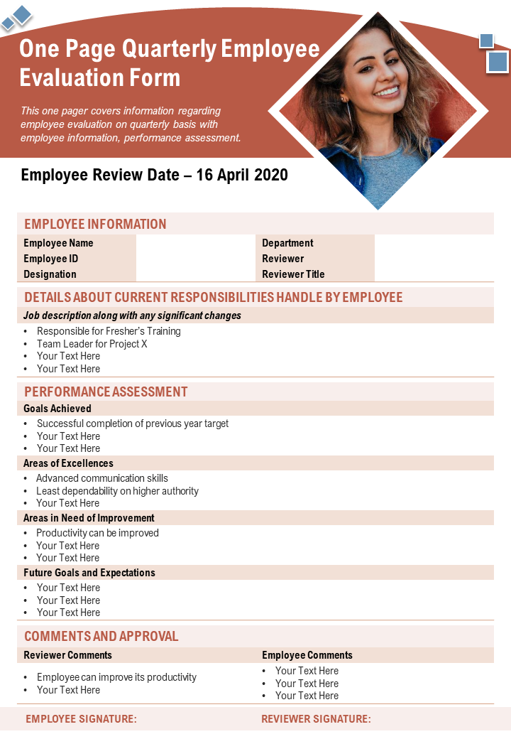 One Page Quarterly Employee Evaluation Form Presentation Report PPT PDF Document