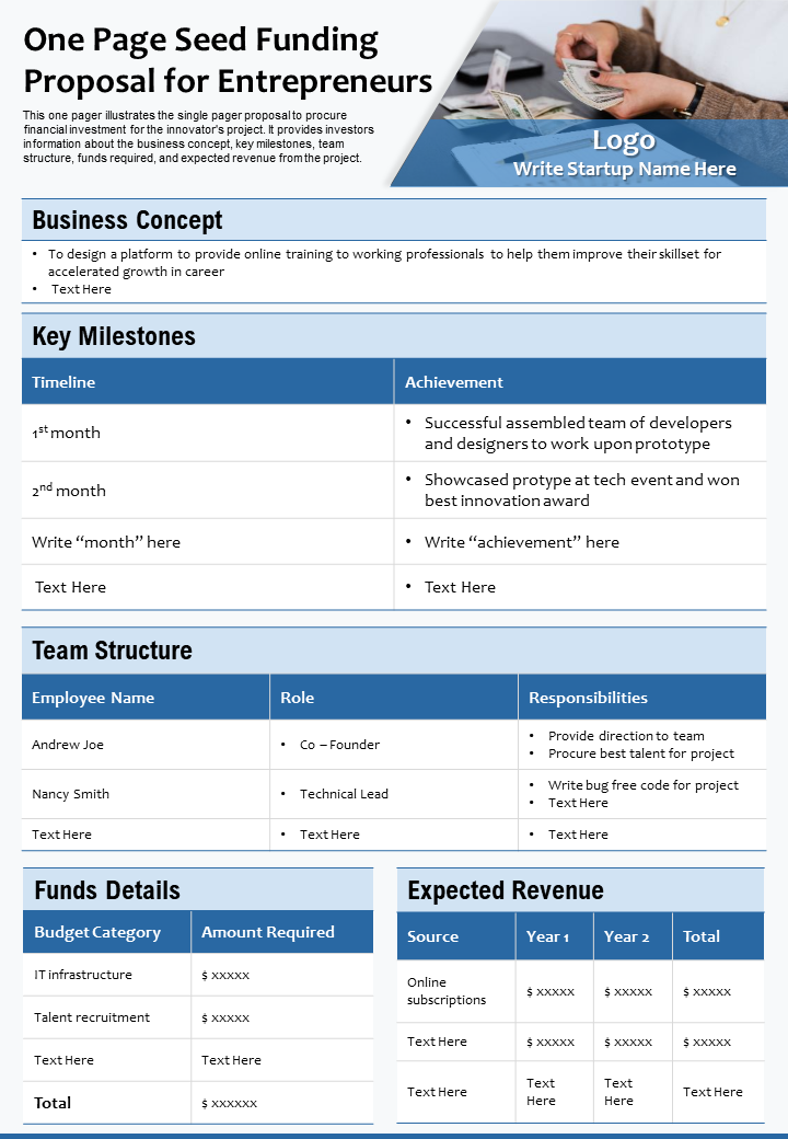 One Page Seed Funding Proposal Template