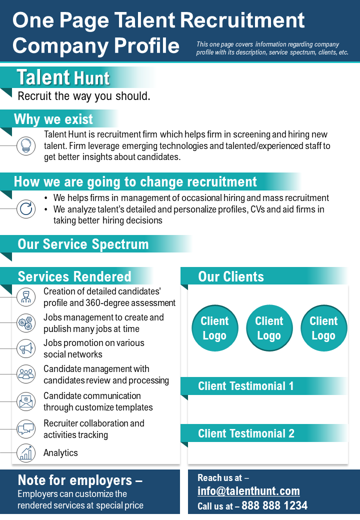One Page Talent Recruitment Company Profile Presentation Report Infographic