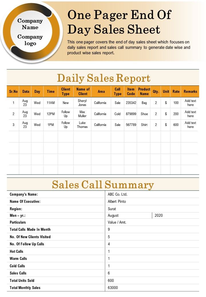 One Pager End Of Day Sales Sheet