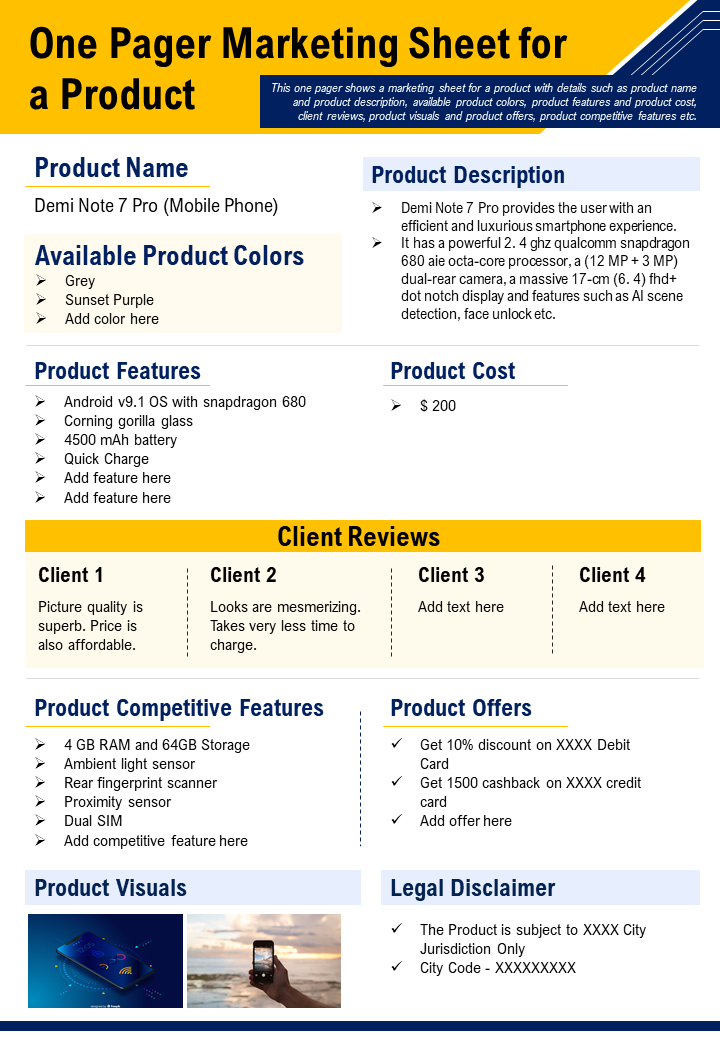 One Pager Marketing Sheet For A Product Presentation Report Infographic