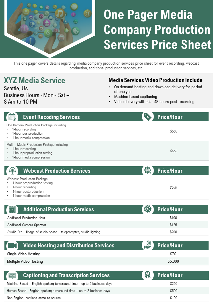 One Pager Media Company Production Services Price Sheet Presentation Report Infographic