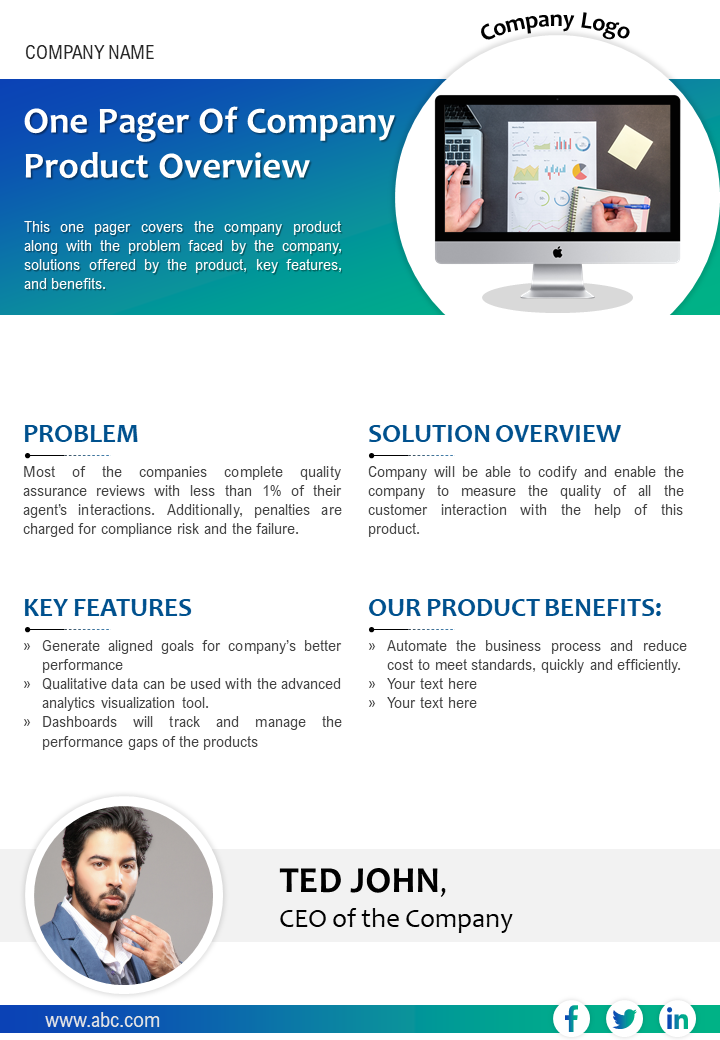 One Pager Of Company Product Overview Presentation Report