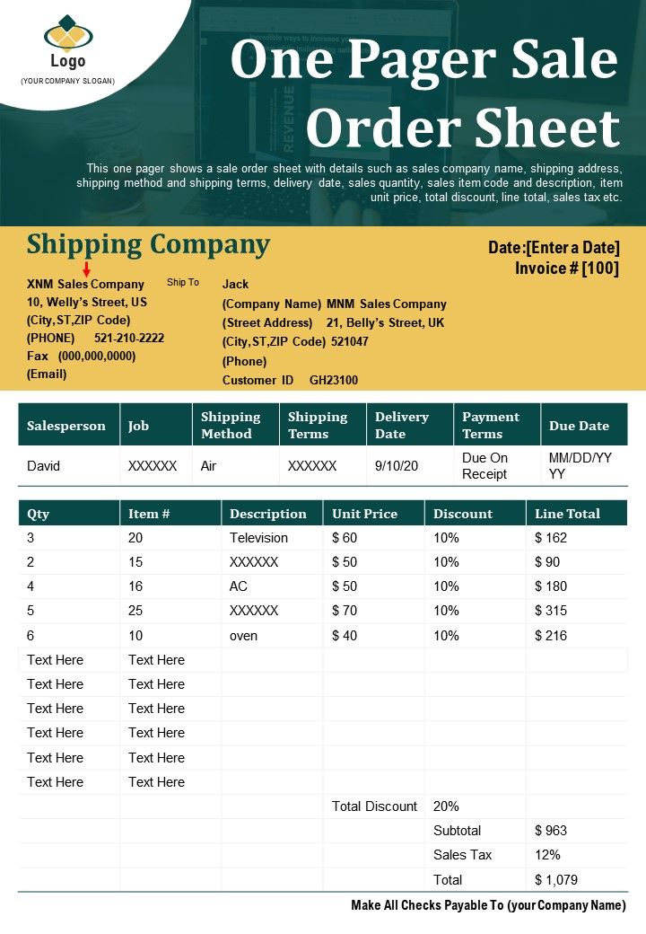 One Pager Sale Order Sheet