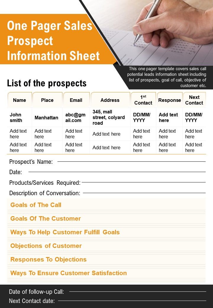 One Pager Sales Prospect Information Sheet