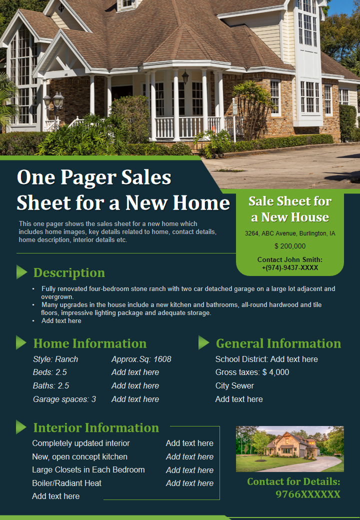 One Pager Sales Sheet for a New Home