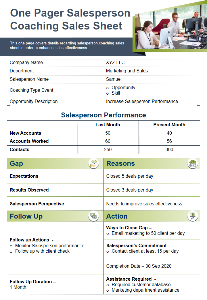 One Pager Salesperson Coaching Sales Sheet