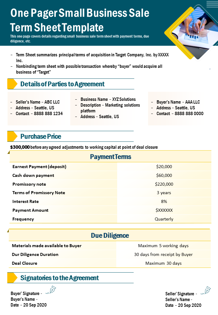 One Pager Small Business Sale Term Sheet Template