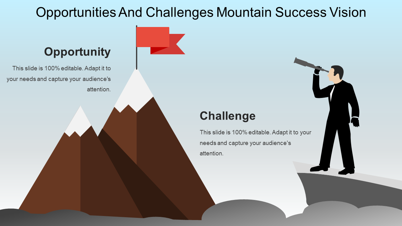 Opportunities And Challenges Mountain Success Vision PowerPoint Slide