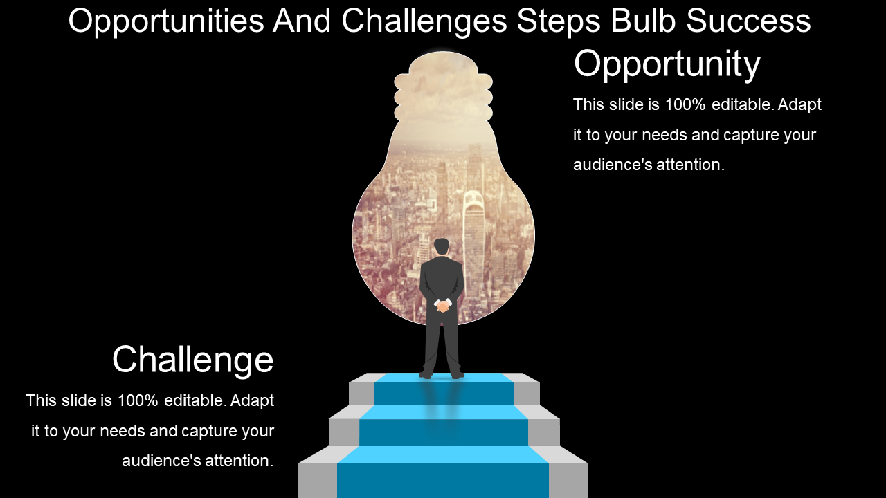 Opportunities And Challenges Steps Bulb Success PowerPoint Slide Show