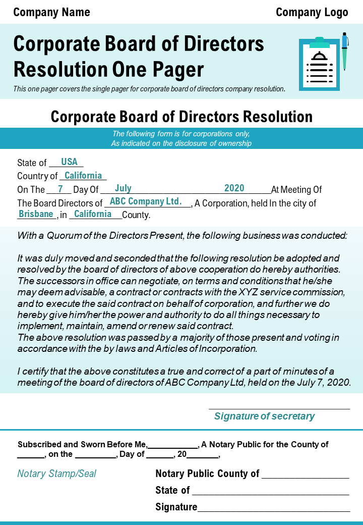 Corporate Board Of Directors Resolution One Pager Presentation