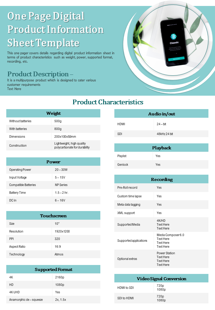 One Page Digital Product Information Sheet