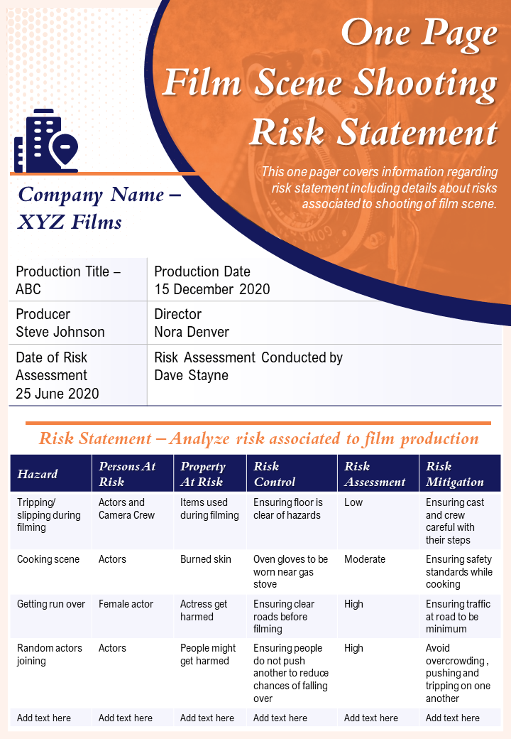 One Page Film Scene Risk Statement Template