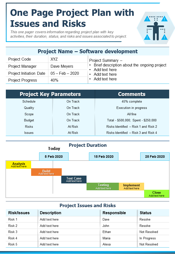 One Page Project Plan with Issues Template