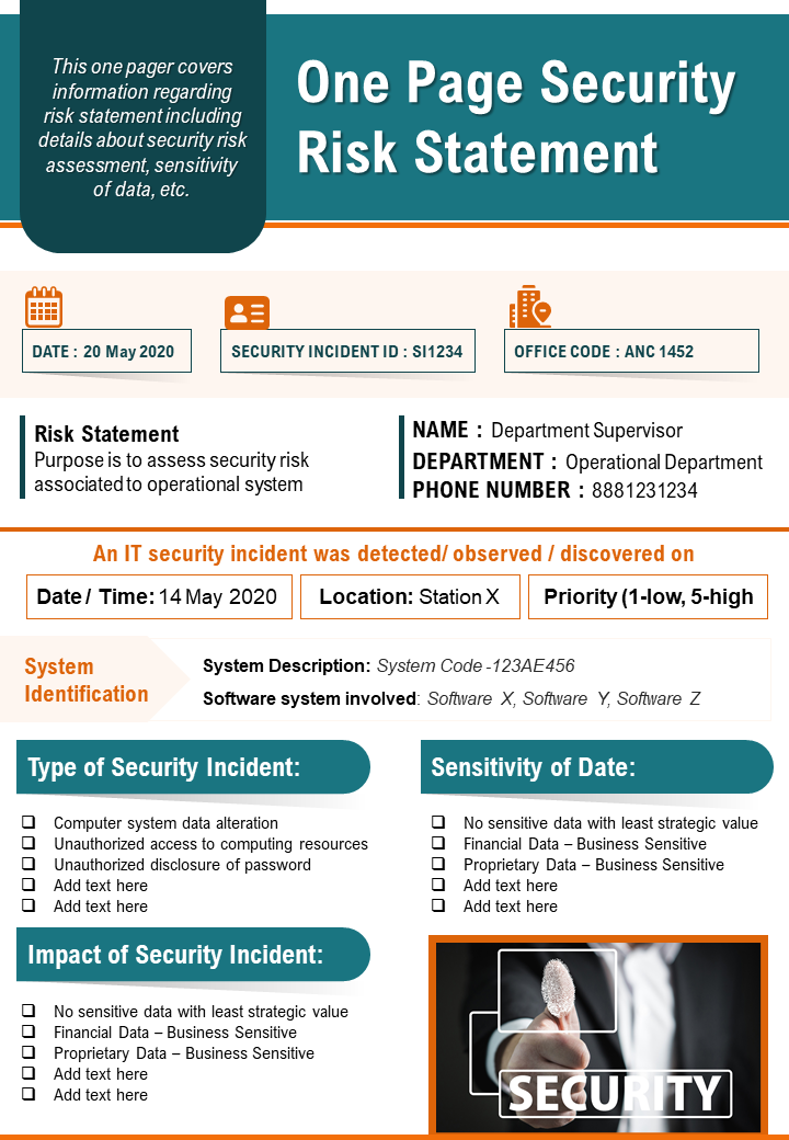 One Page Security Risk Statement PowerPoint Template