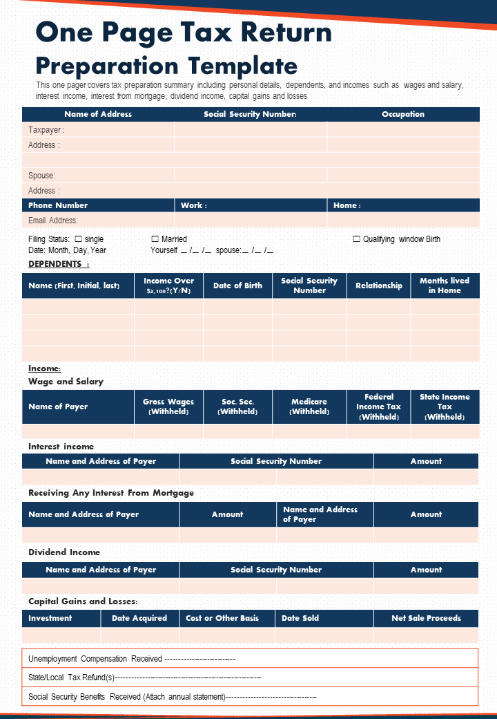 One Page Tax Return Preparation Template