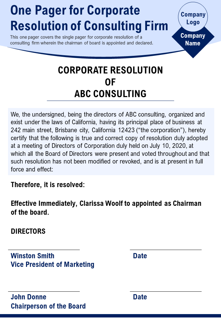 One Pager For Corporate Resolution Of Consulting Firm