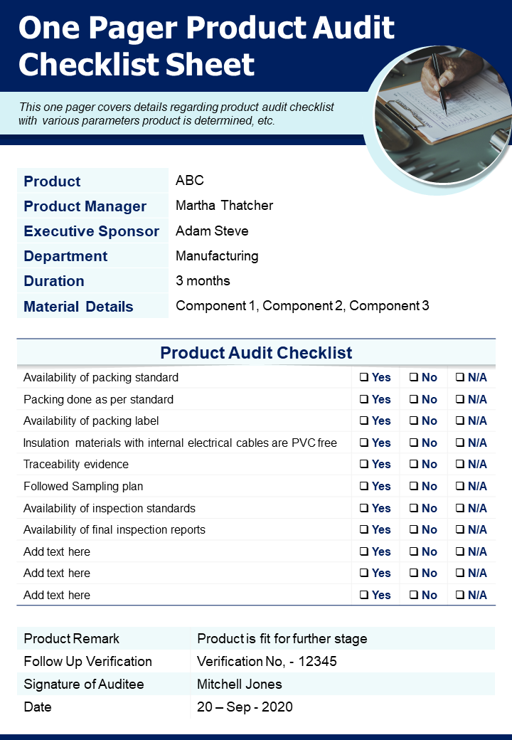 One Pager Product Audit Checklist Sheet Presentation
