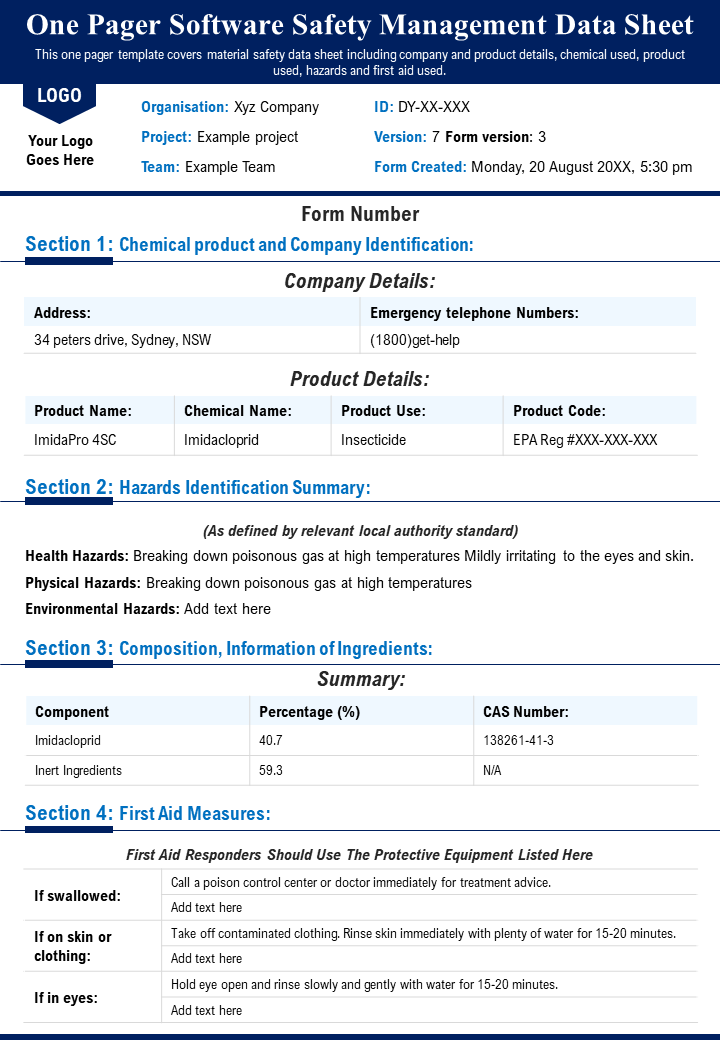 One Pager Software Safety Management Data Sheet