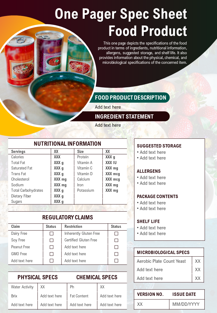 One Pager Spec Sheet Food Product Presentation