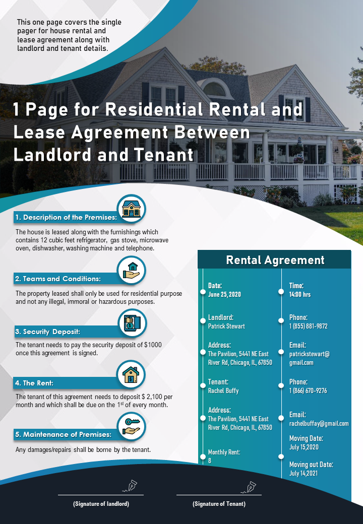1 Page for Residential Rental and Lease Agreement Template