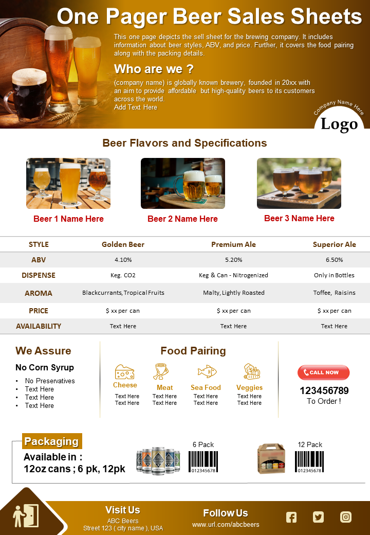 One Pager Beer Sales Sheets Presentation Report Infographic PPT PDF Document