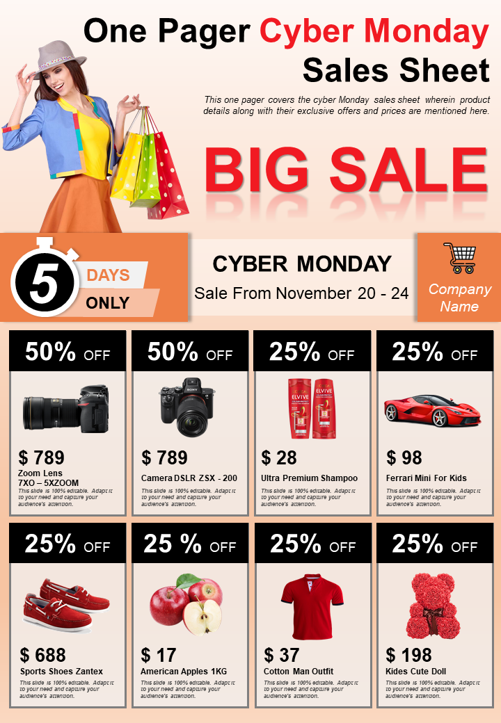 One Pager Cyber Monday Sales Sheet Presentation Report Infographic PPT PDF Document