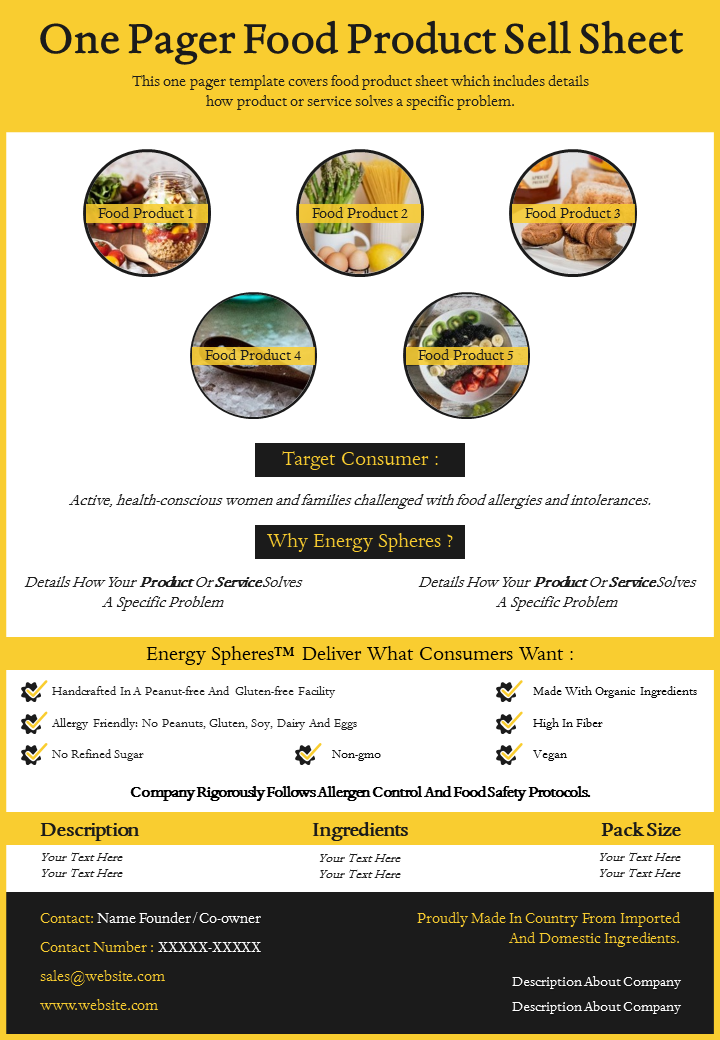 One Pager Food Product Sell Sheet Presentation Report Infographic