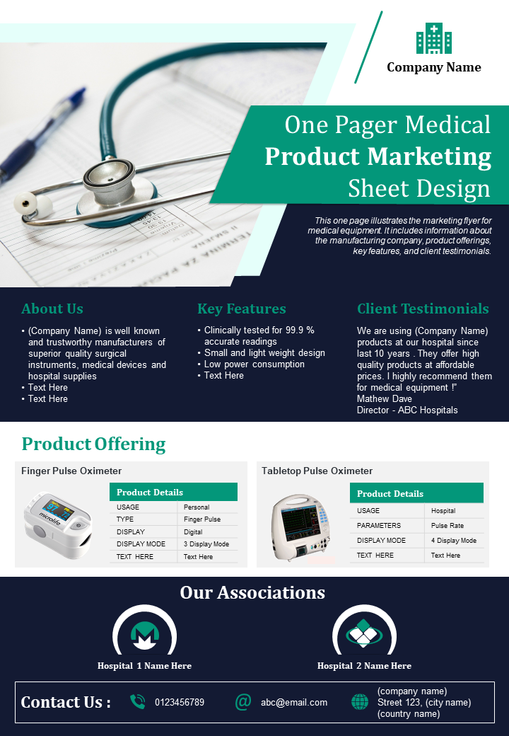 One Pager Medical Product Marketing Sheet Design Presentation Report Infographic