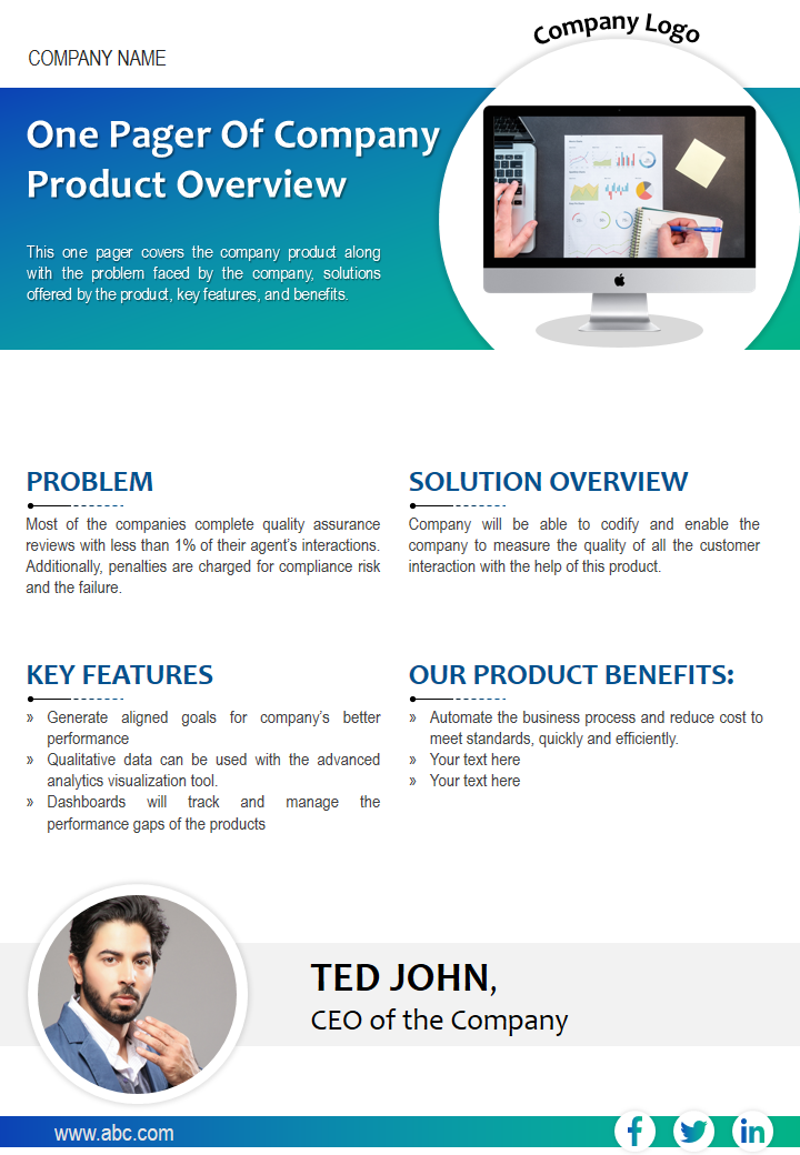 One Pager Of Company Product Overview 